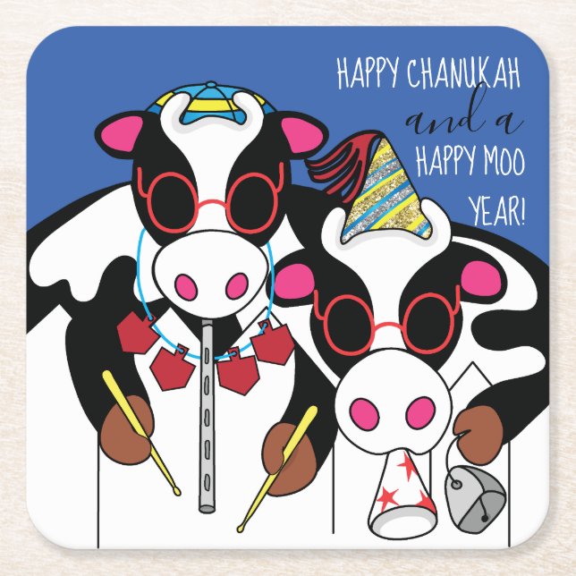 Happy Cows Chanukah Square Paper Coaster (Front)