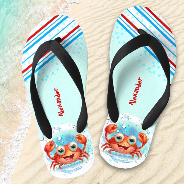 Happy Crab Boy Beach Name Kids Flip Flops (Creator Uploaded)