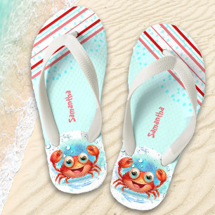 Happy Crab Girl Beach Name Kids Flip Flops
