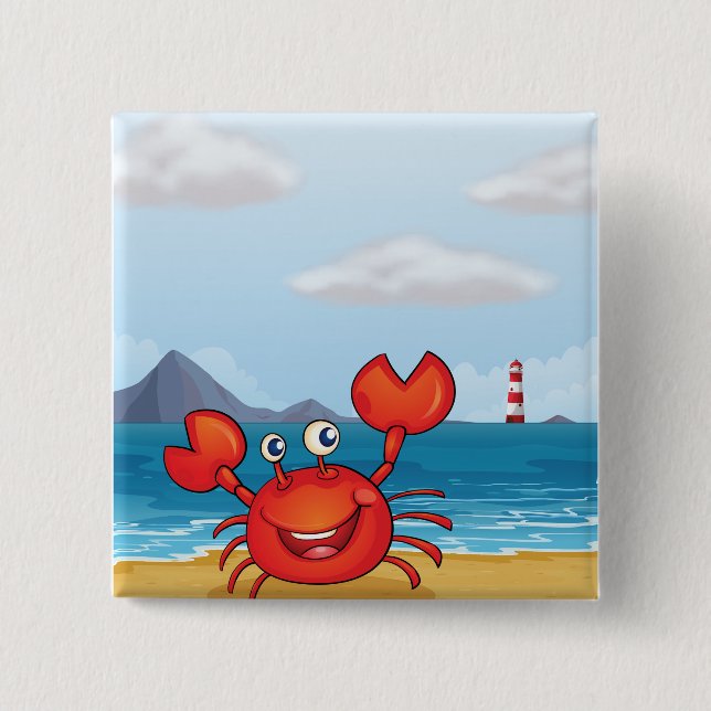 Happy Crab on Beach with Lighthouse 15 Cm Square Badge (Front)