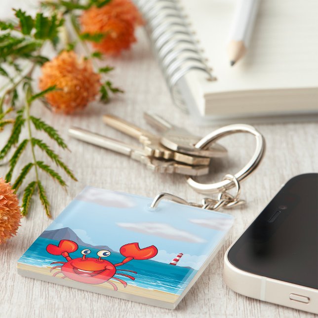 Happy Crab on Beach with Lighthouse Key Ring (Creator Uploaded)