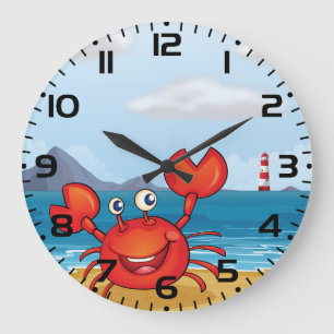 Happy Crab on Beach with Lighthouse Large Clock