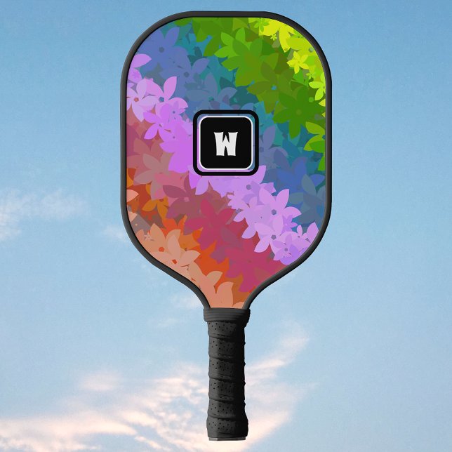 Happy Crazy Retro Rainbow Flowers with Initial Pickleball Paddle (Creator Uploaded)