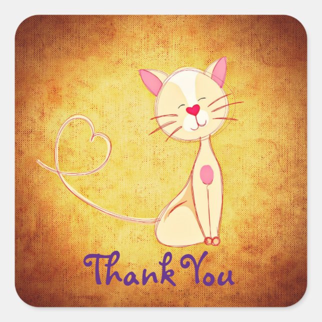 Happy Cream Coloured Cat with a Heart Thank You Square Sticker (Front)