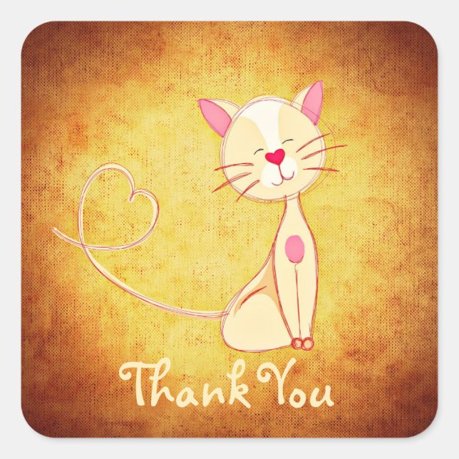 Happy Cream Coloured Cat with a Heart Thank You Square Sticker (Front)