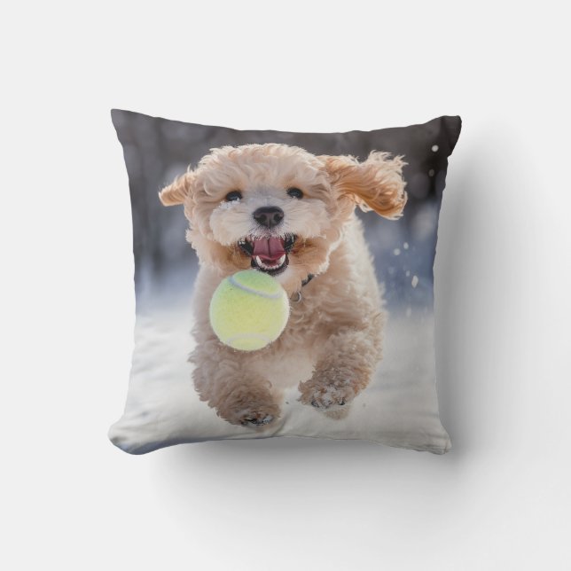 🐕 Happy Cream Poodle Puppy Tennis Pillow (Front)
