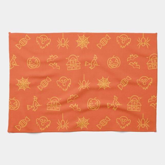 Happy creepy Halloween pattern - Orange Tea Towel (Horizontal)