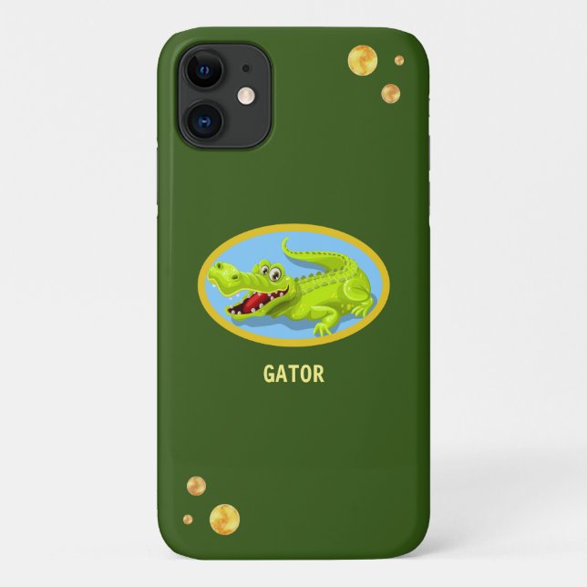 Happy crocodile & golden confetti on green forest Case-Mate iPhone case (Back)