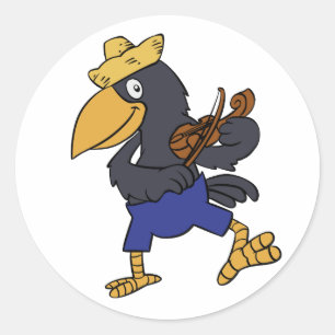 Happy Crow playing violin   choose background colo Classic Round Sticker