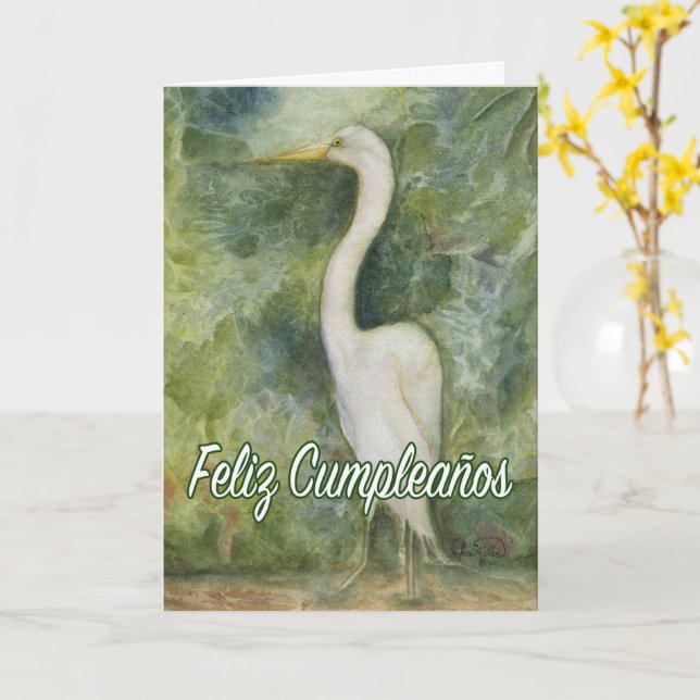 Happy Cumpleaños Garza blanca Egret Spanish B-Day Card (Yellow Flower)