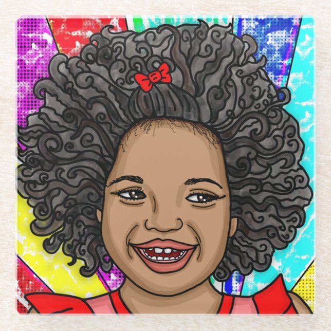 Happy Curls Pop Art Laughing Girl     Glass Coaster (Front)