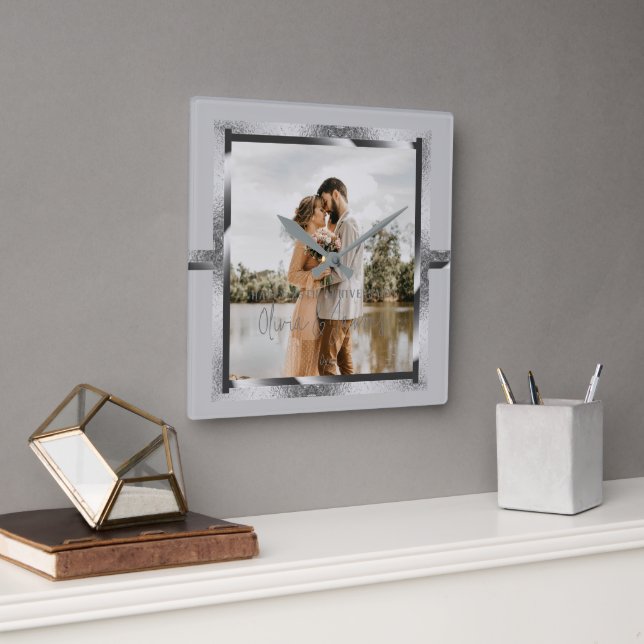 Happy Custom Year Anniversary, Modern Silver Grey Square Wall Clock (Office)