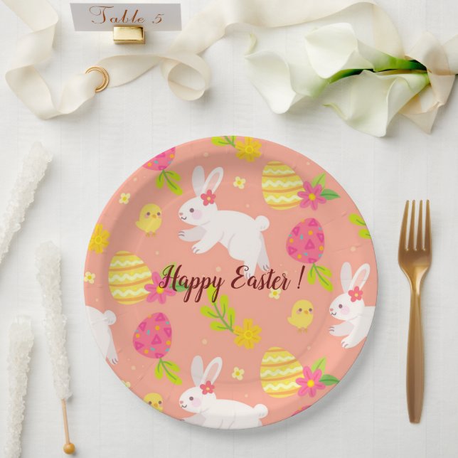 Happy Customise Easter Chicken And Rabbit Paper Plate (Wedding)