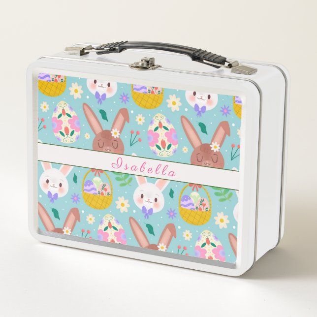 Happy Customise Easter Cute Rabbits Metal Lunch Box (Front)