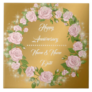 Happy Customise Gold Rose Anniversary Tile