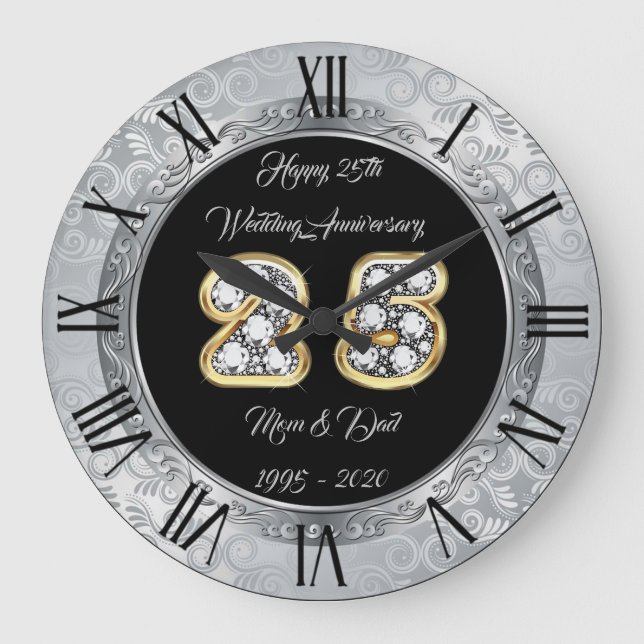 Happy Customise Silver 25th Anniversary Large Clock (Front)