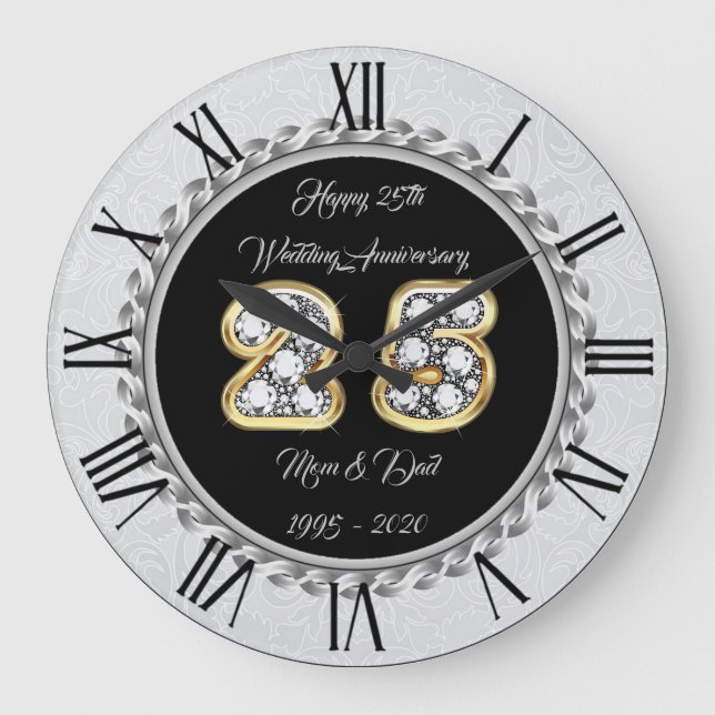 Happy Customise Silver 25th Anniversary Large Clock (Front)