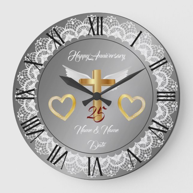 Happy Customise Silver Lace Anniversary Large Clock (Front)