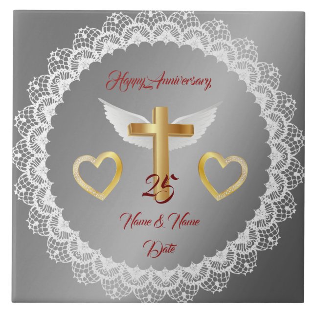 Happy Customise Silver Lace Anniversary Tile (Front)