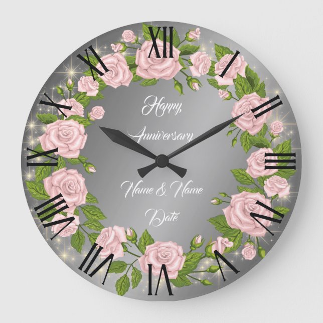 Happy Customise Silver Rose Anniversary Large Clock (Front)