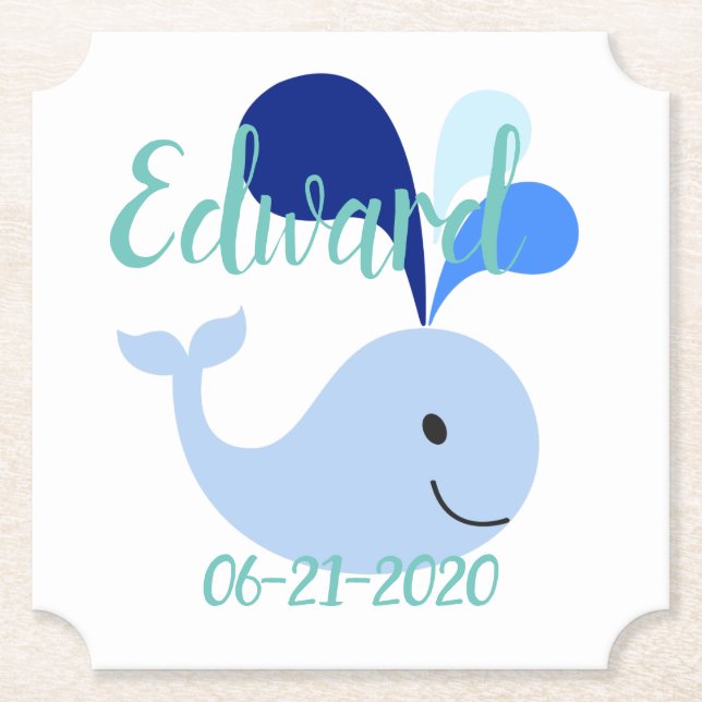 Happy Cute Blue Whale Paper Coaster (Front)