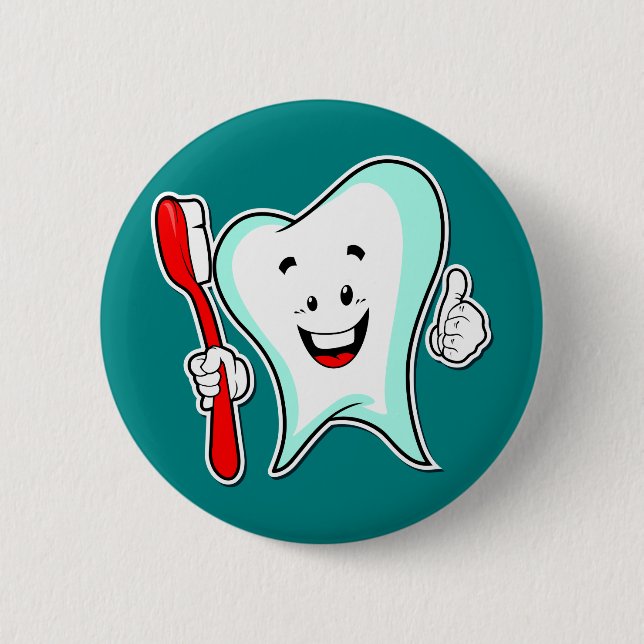 Happy Cute Cartoon Tooth With a Toothbrush 6 Cm Round Badge (Front)