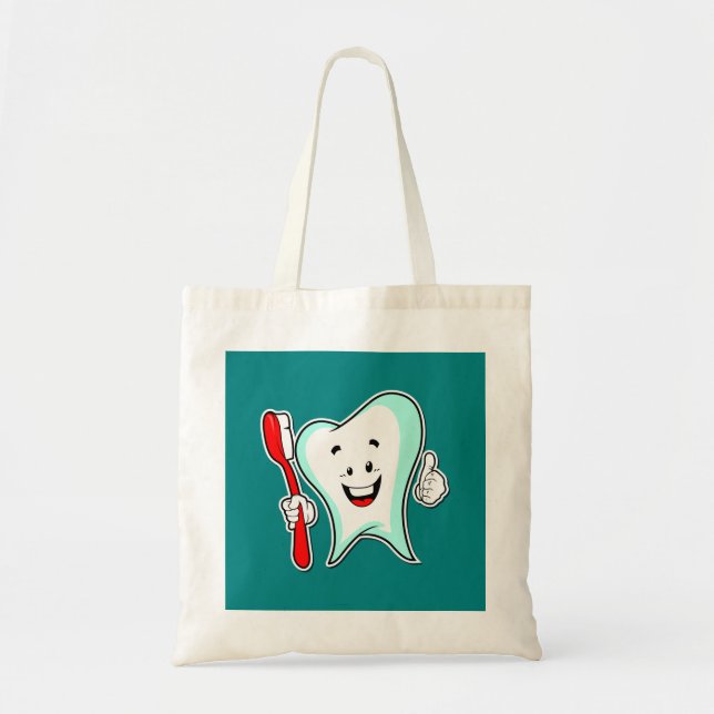 Happy Cute Cartoon Tooth With a Toothbrush Tote Bag (Front)