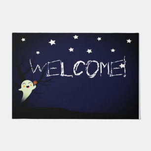 Happy Cute Ghost on a Starry Halloween Nightsky Doormat