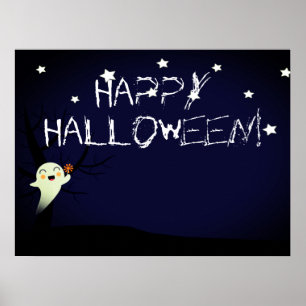 Happy Cute Ghost on a Starry Halloween Nightsky Poster
