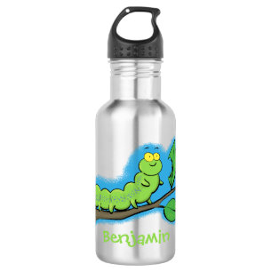 Happy cute green caterpillar cartoon illustration 532 ml water bottle