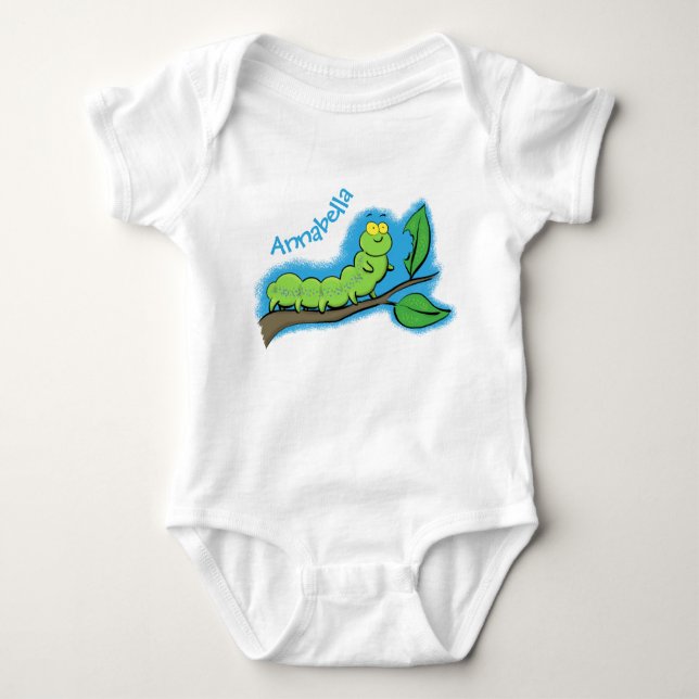 Happy cute green caterpillar cartoon illustration baby bodysuit (Front)