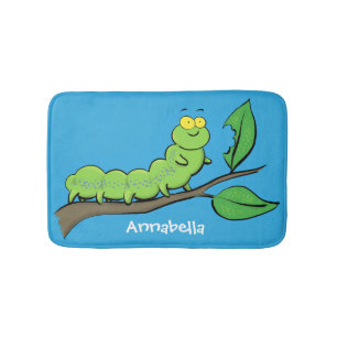 Happy cute green caterpillar cartoon illustration bath mat