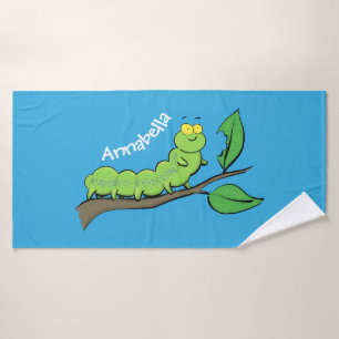 Happy cute green caterpillar cartoon illustration bath towel set