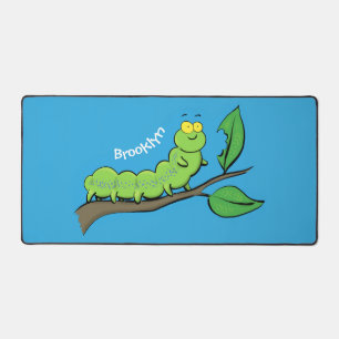 Happy cute green caterpillar cartoon illustration desk mat