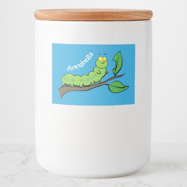 Happy cute green caterpillar cartoon illustration food label (Front)