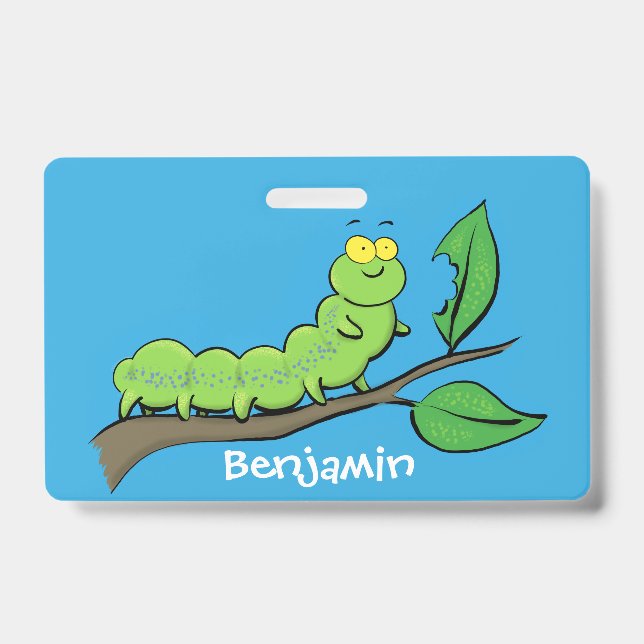 Happy cute green caterpillar cartoon illustration ID badge (Front)