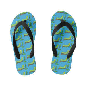 Happy cute green caterpillar cartoon illustration kid's jandals