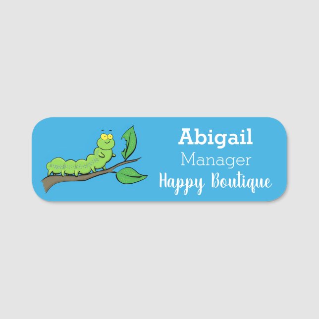 Happy cute green caterpillar cartoon illustration  name tag (Front)