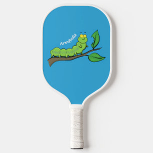 Happy cute green caterpillar cartoon illustration pickleball paddle