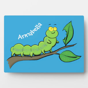 Happy cute green caterpillar cartoon illustration plaque