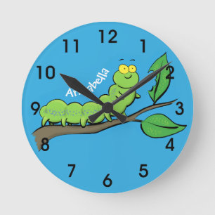 Happy cute green caterpillar cartoon illustration round clock