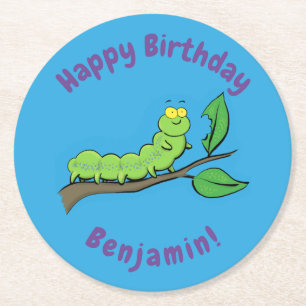 Happy cute green caterpillar cartoon illustration round paper coaster