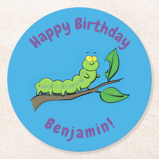 Happy cute green caterpillar cartoon illustration round paper coaster (Front)