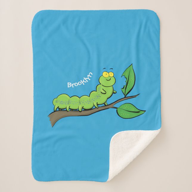 Happy cute green caterpillar cartoon illustration  sherpa blanket (Front)