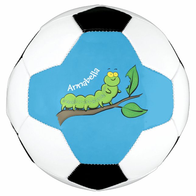 Happy cute green caterpillar cartoon illustration soccer ball (Front)