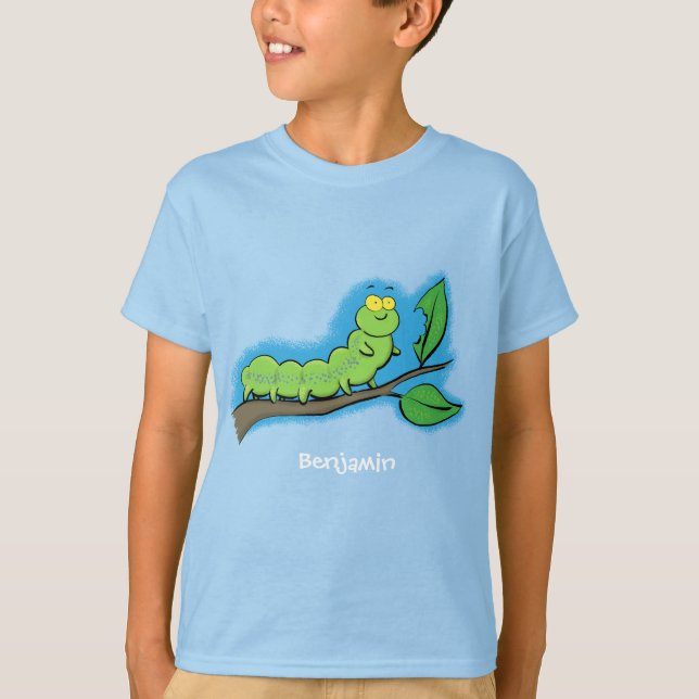 Happy cute green caterpillar cartoon illustration T-Shirt (Front)