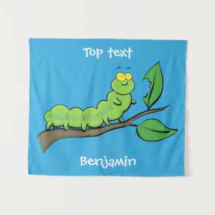 Happy cute green caterpillar cartoon illustration  tapestry