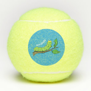 Happy cute green caterpillar cartoon illustration tennis balls