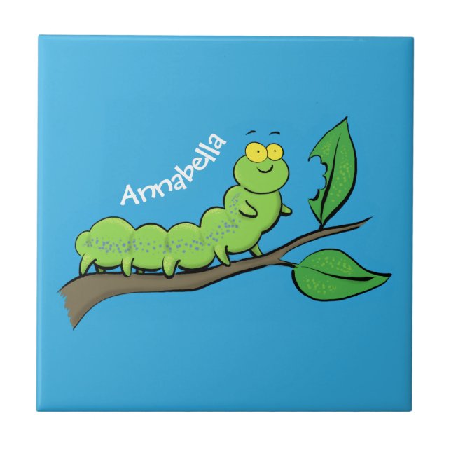 Happy cute green caterpillar cartoon illustration tile (Front)