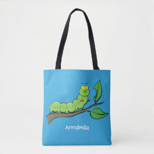 Happy cute green caterpillar cartoon illustration tote bag